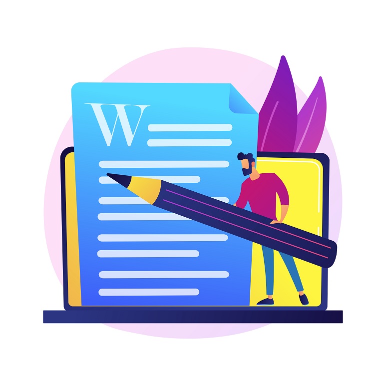 Creative content writing. Copywriting, blogging, Internet marketing. Article text editing and publishing. Online documents. Writer, editor character. Vector isolated concept metaphor illustration