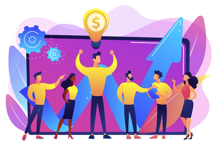 Company enployees and leader having successful money-making idea. Intellectual capital, company human resources, money-making sources concept. Bright vibrant violet vector isolated illustration