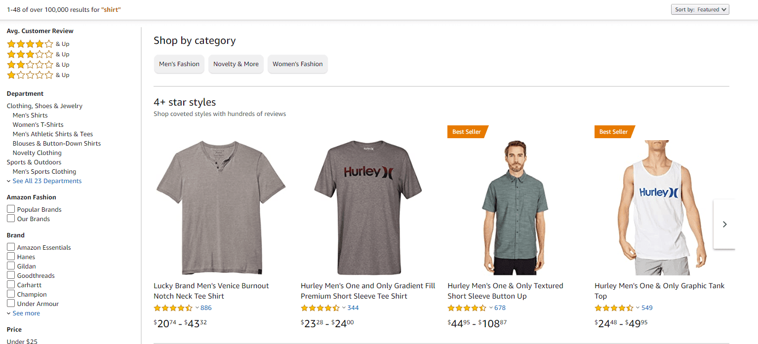 Amazon product page layout for visual product categories with a grid format for easy comparison of product images