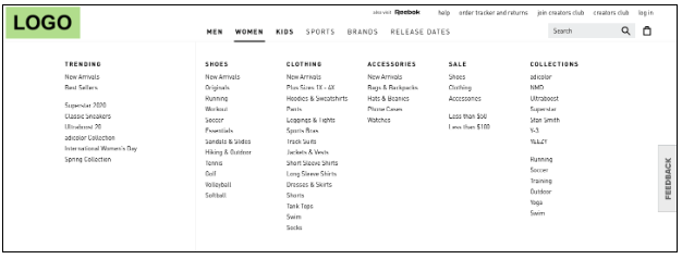 a perfect example of a menu on an ecommerce clothing brand