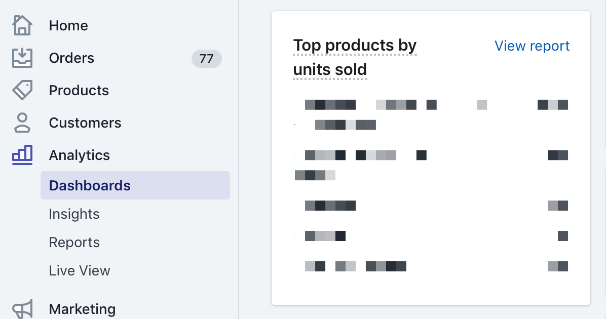 Shopify dashboard displaying a report on popular products, including details like product title, vendor, type, net quantity, gross sales, discounts, returns, and net sales