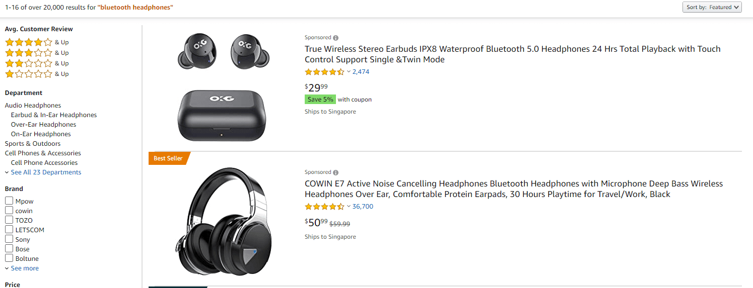 Amazon product page layout for technical product categories with a focus on titles and specifications