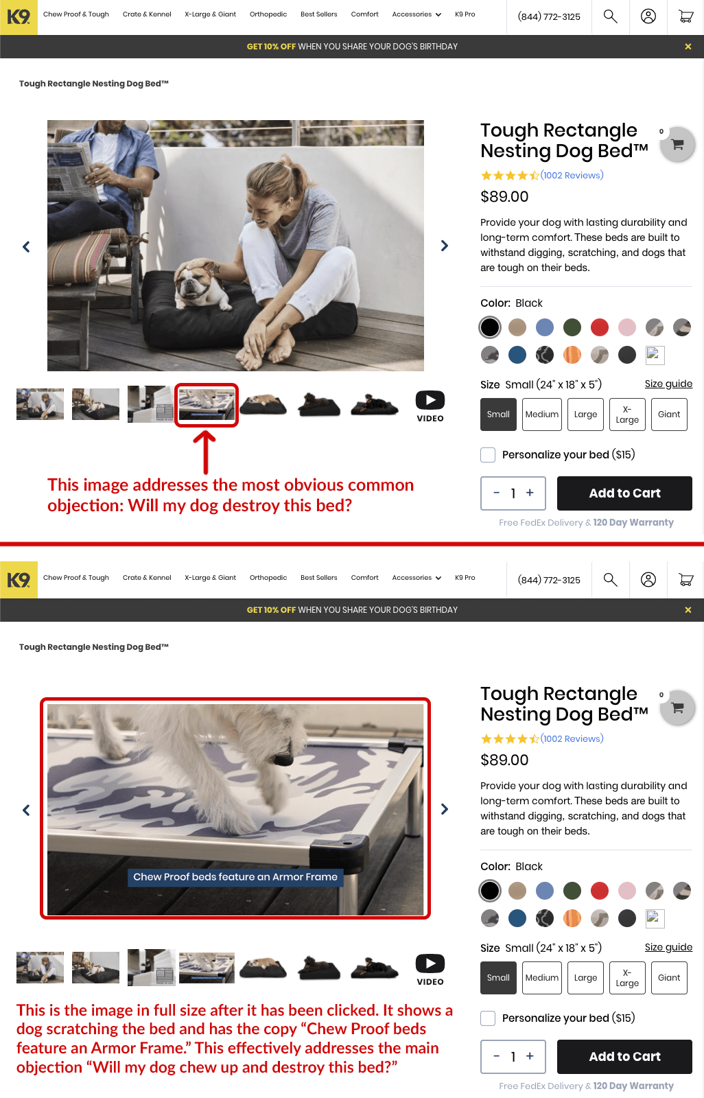 showing an image carousel on an ecommerce website. Each slide in the carousel addresses a specific objection that customers may have when considering a purchase