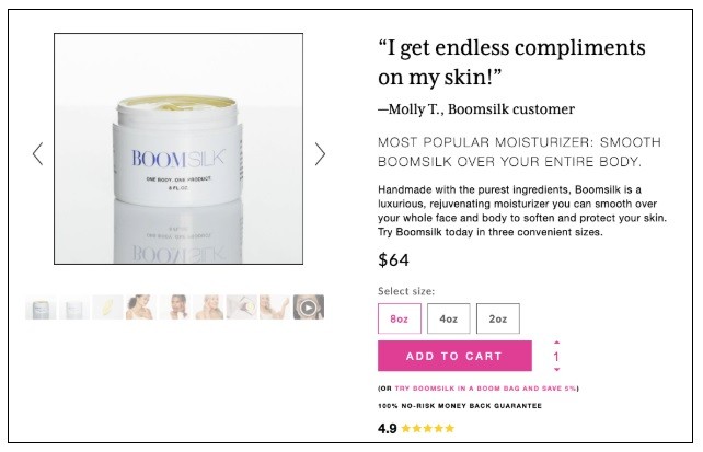 an ecommerce website showcasing a customer quote as social proof. The quote is positioned above the fold, allowing visitors to easily read it without scrolling