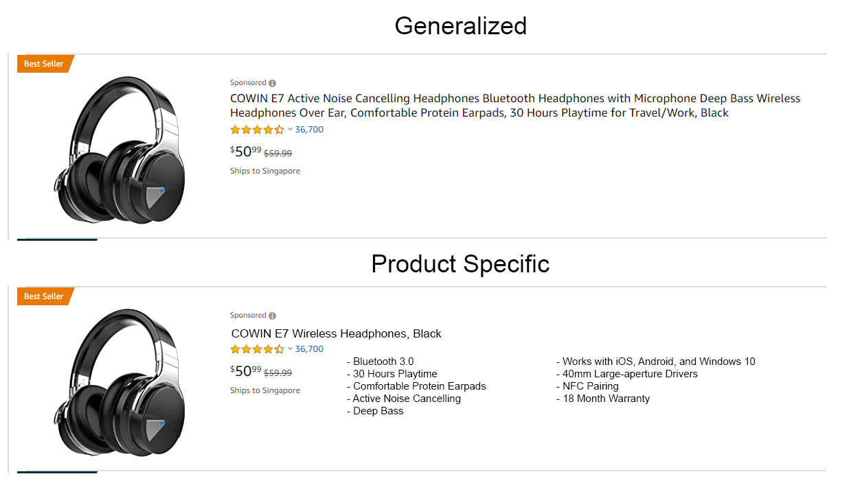 Product title on Amazon's product page for wireless headphones, displaying various specifications in a disorganized manner due to competing third-party sellers