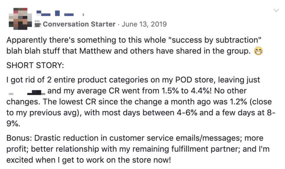 testimonial showing an increase in conversion rate from 1.5% to 4.4%, and even up to 8-9% on some days, following the removal of entire product categories