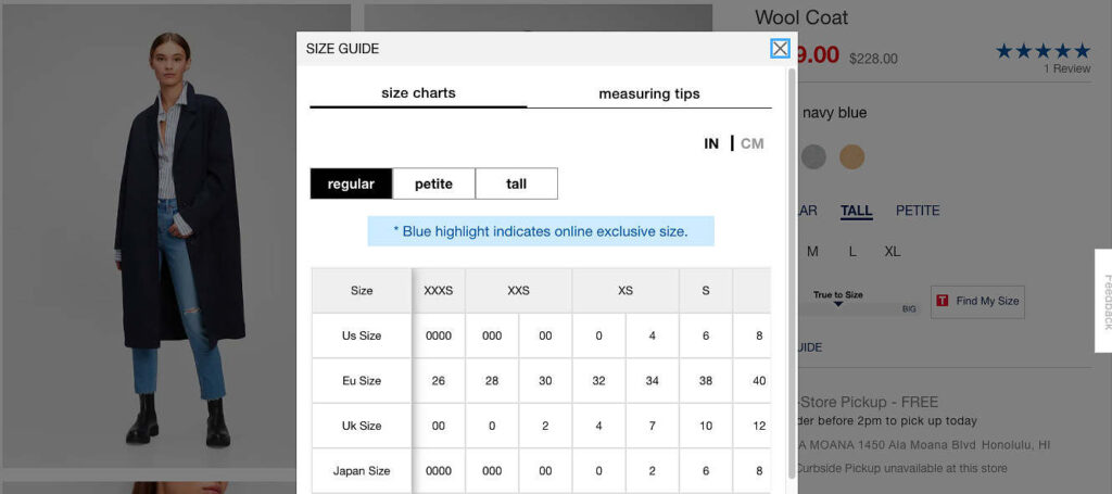 Importance of offering a size guide near the size selection on product pages in apparel stores