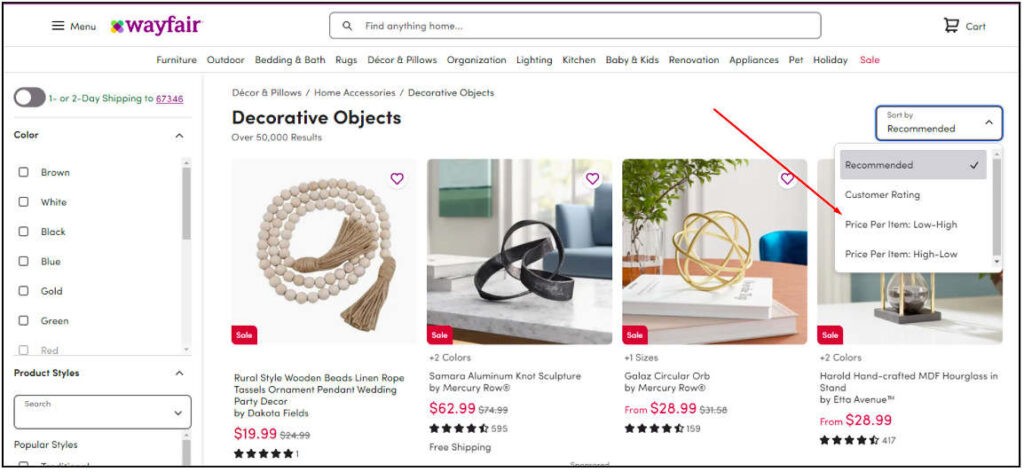 Wayfair's 'Price Per Item' sorting feature for setting spending limits and viewing products within budget