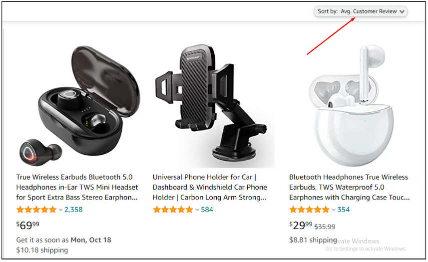 Amazon's 'Customer Review' sorting feature for finding high-quality products based on user ratings