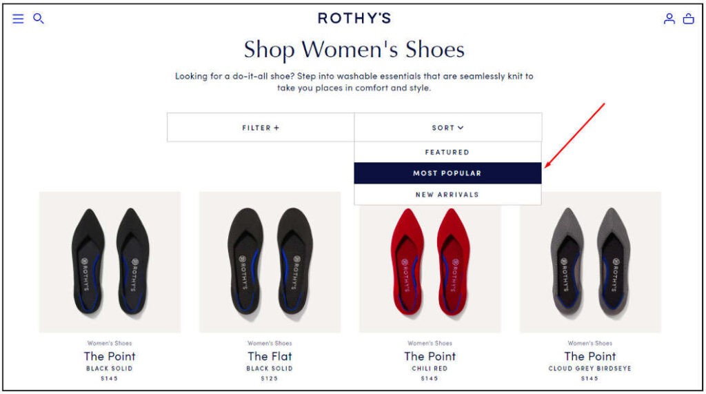 Rothy's 'Most Popular' sorting feature for finding popular and highly recommended products