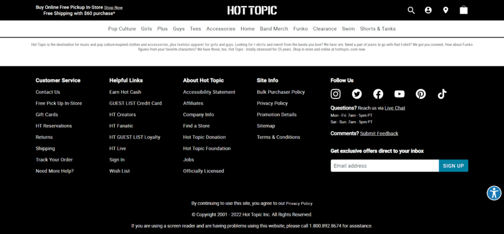 Hot Topic's Organized Website Footer: A large number of products which are all categorized