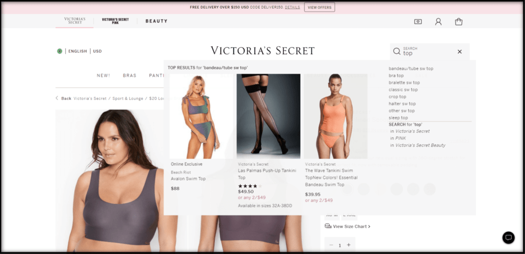 Optimized Search Bar with Dropdown, Thumbnails, and Prices on Victoria's Secret Website