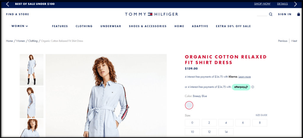 Tommy Hilfiger's size guide link near the swatches: Placement of Size Guide Links on Product Pages