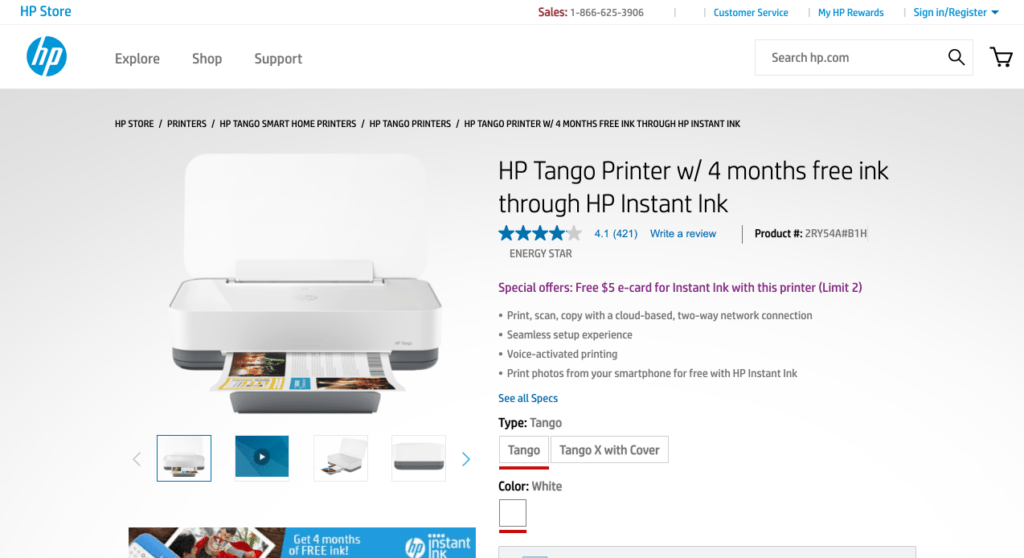 HP's product page showing a product description snippet with a 'See All Specs' link for users to access additional information below the fold
