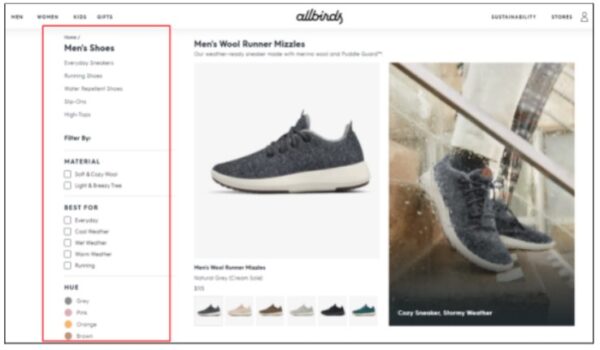 Allbirds product filter on collection page